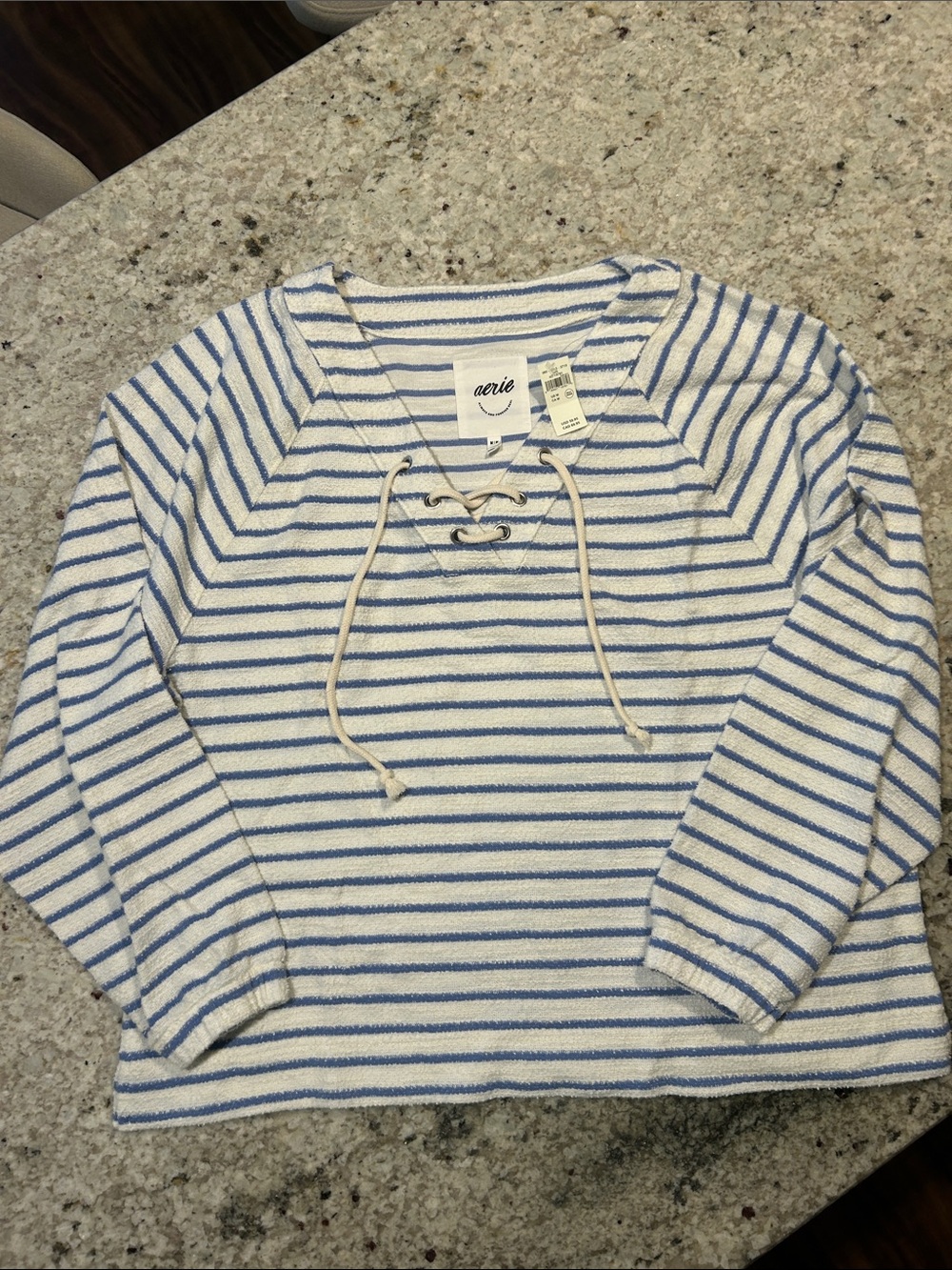 aerie White and Light Blue Striped Lace-Up Knit Pullover